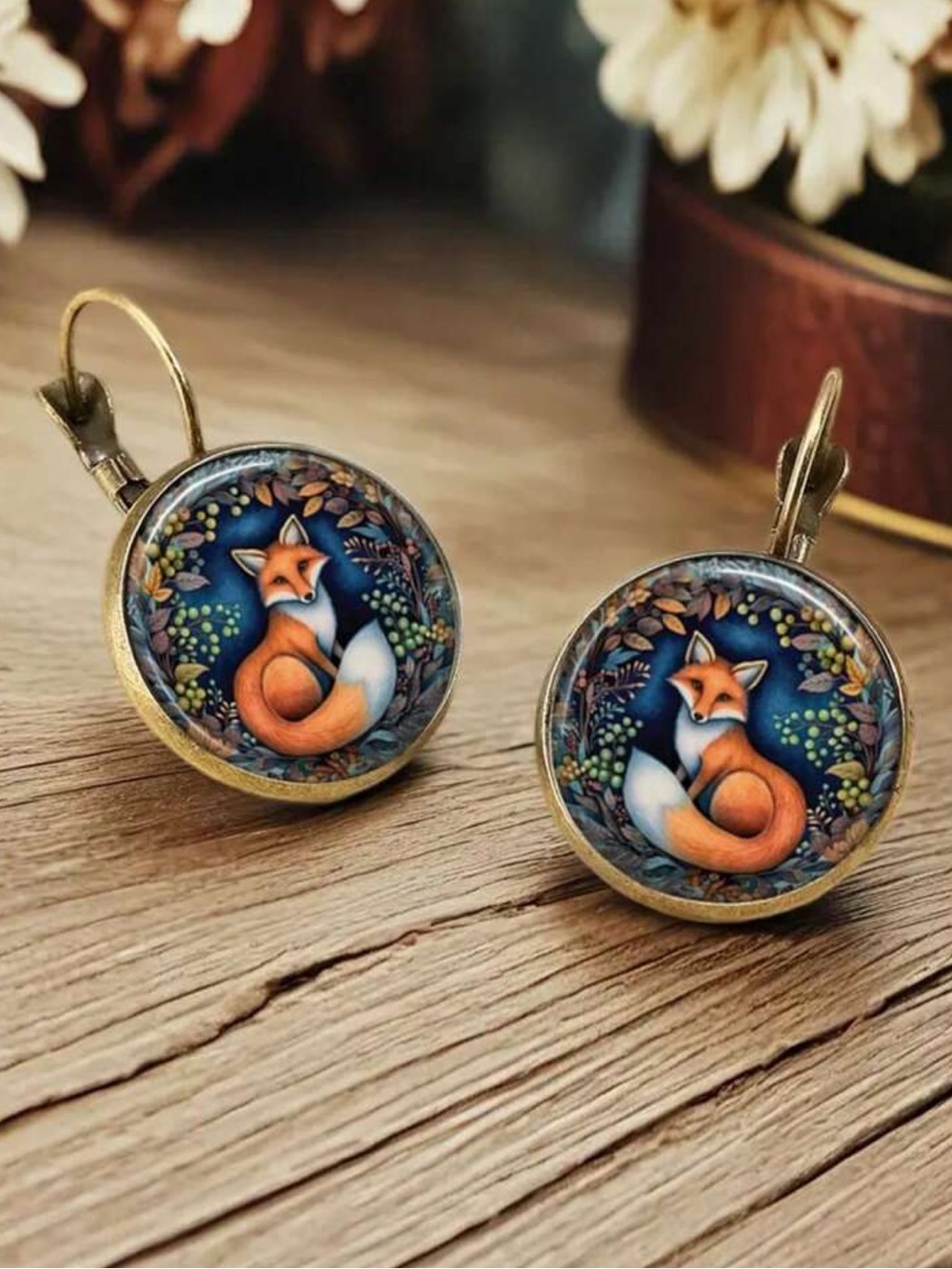 Orange and Blue Bass tone Fox Dangle Earrings - Picture 2 of 3